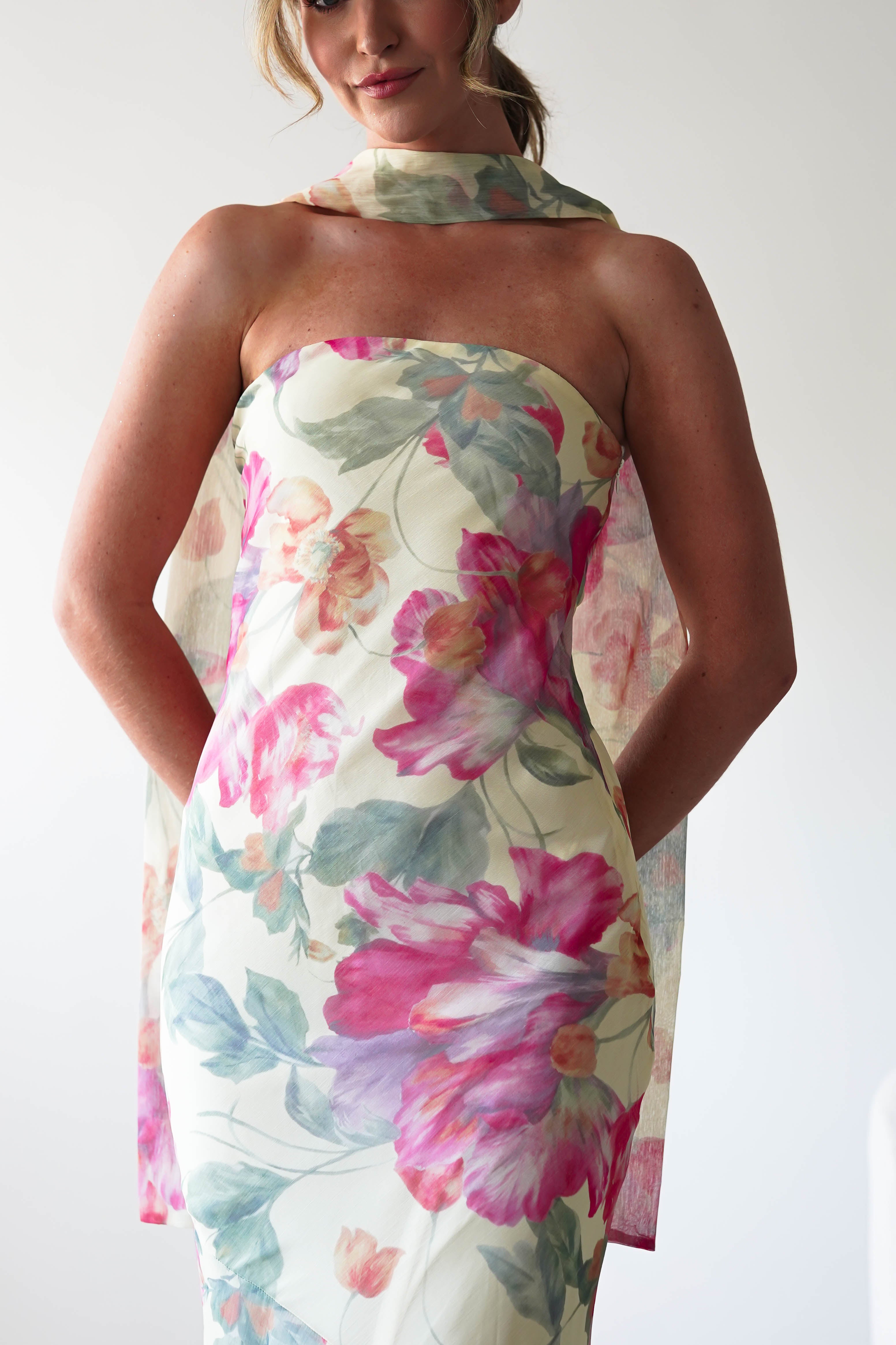 Floral Elegance Strapless Maxi Dress