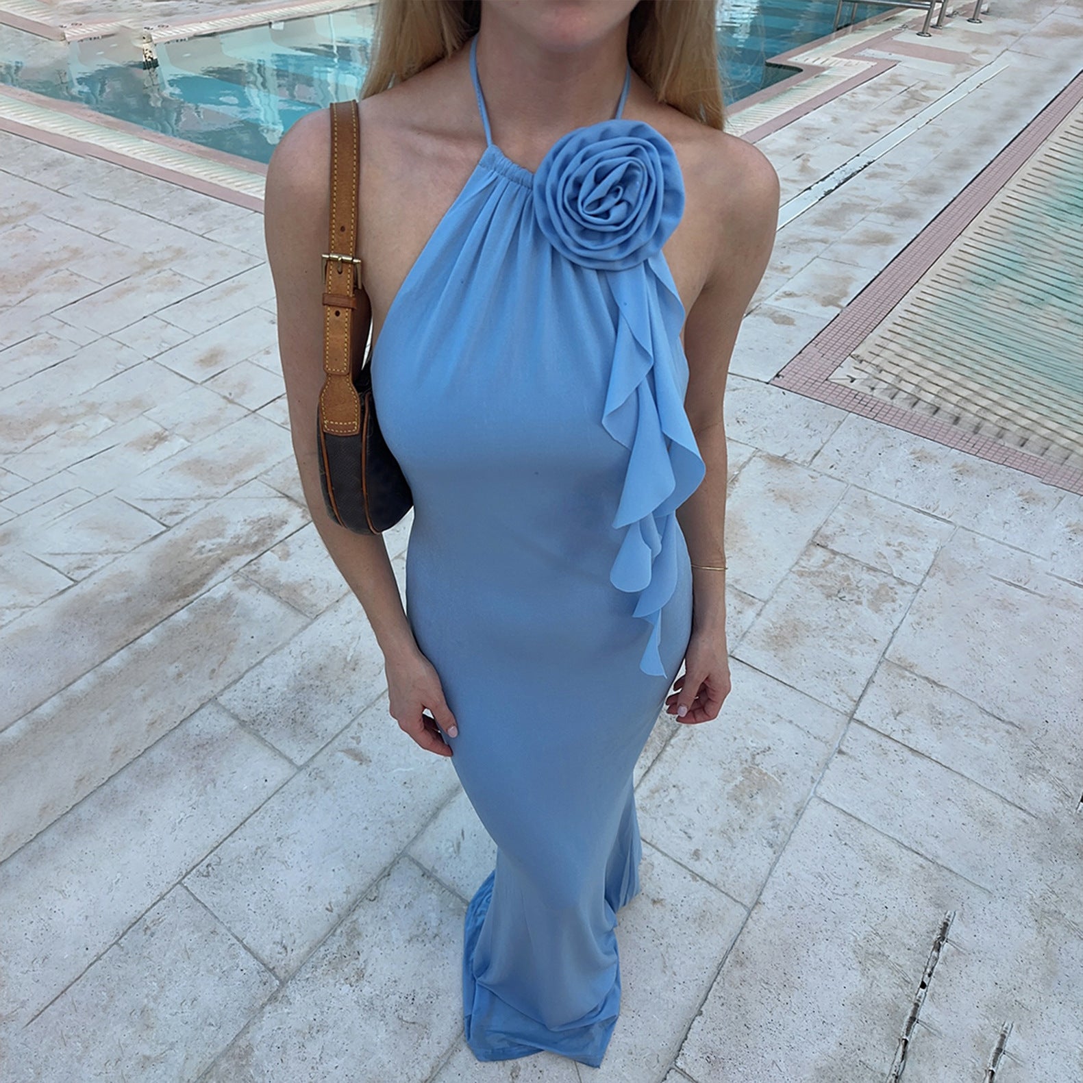Royal Radiance Halter Maxi Dress – Azure Blue