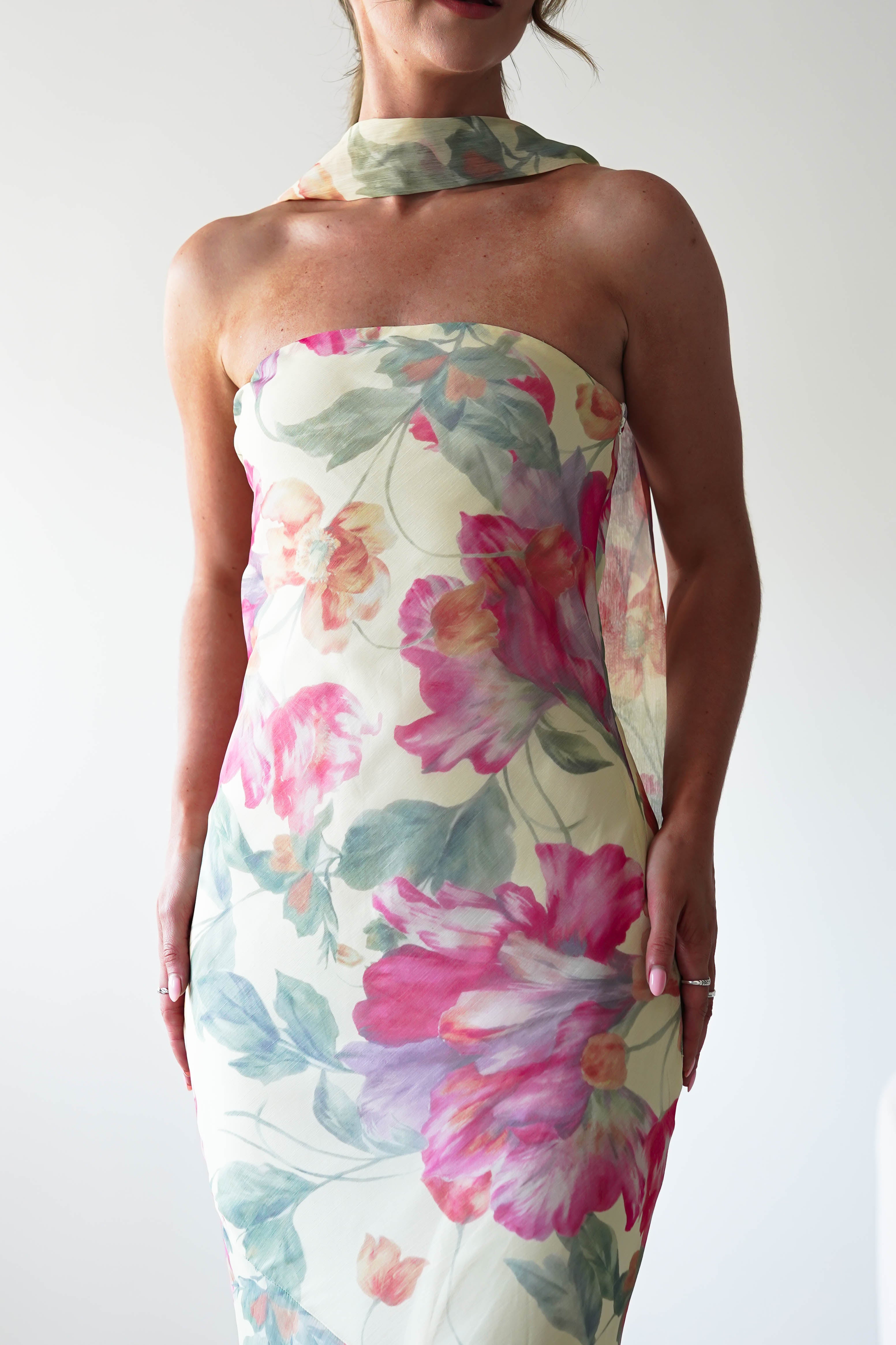 Floral Elegance Strapless Maxi Dress