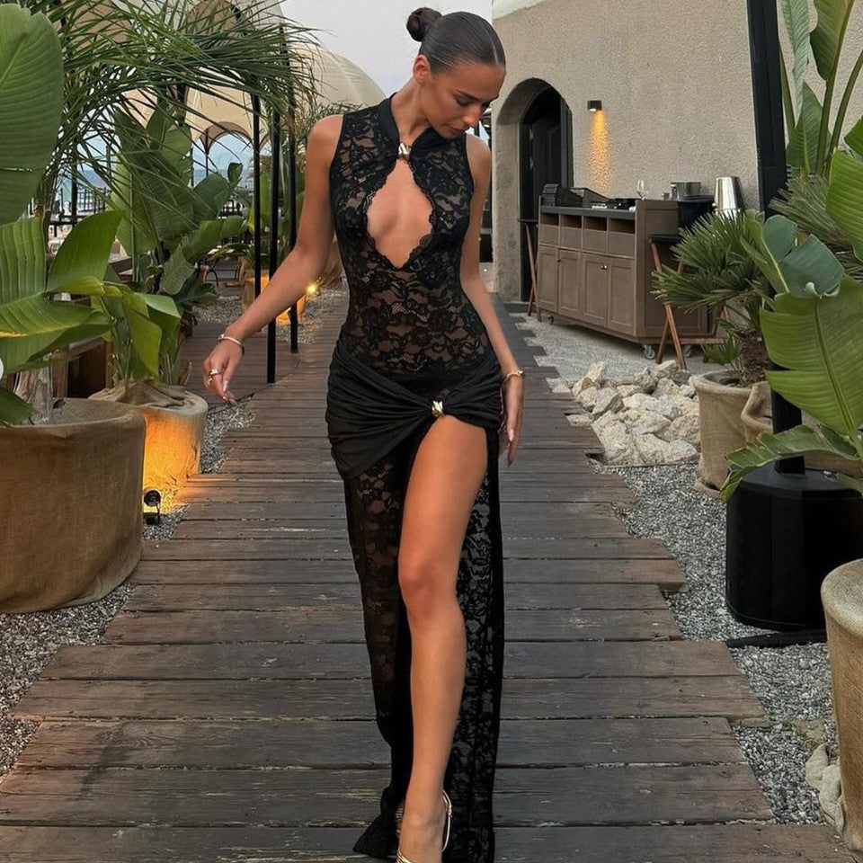 Kehlani – Lace Maxi Dress with Gold Detail