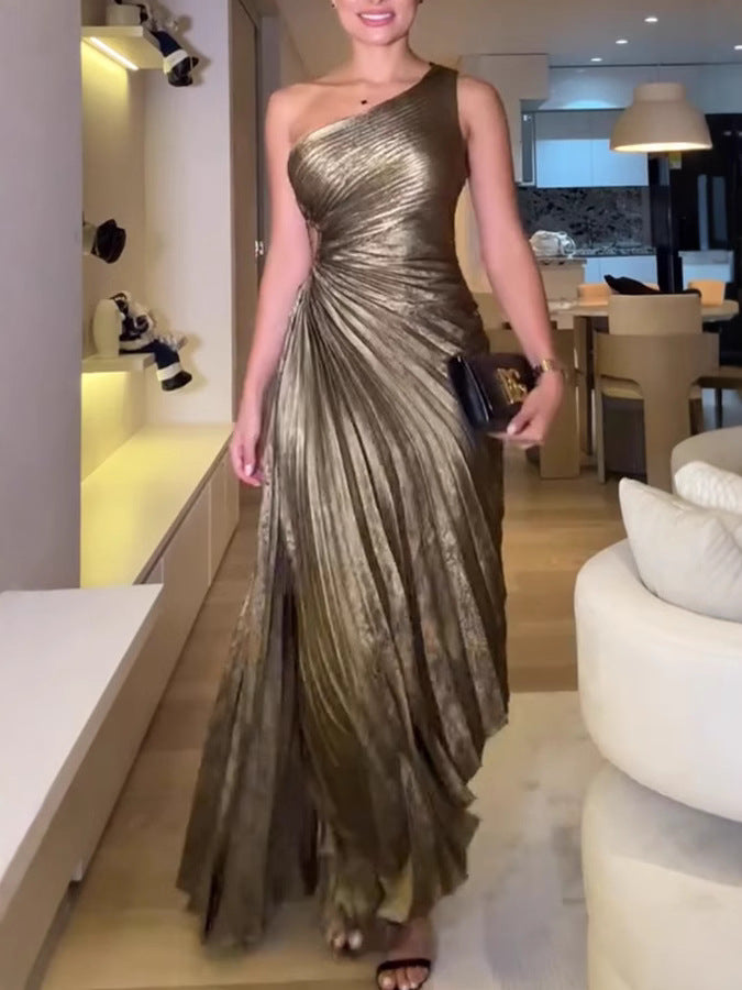 Metallic One-Shoulder Maxi