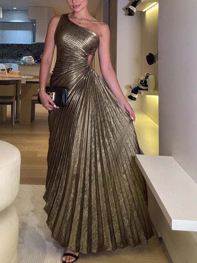 Metallic One-Shoulder Maxi